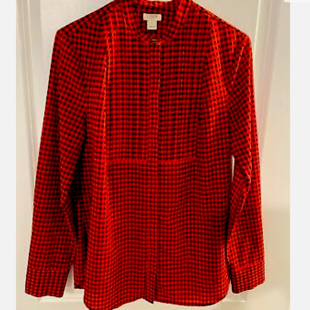 J CREW Button Black Red GINGHAM Check Long Sleeve Pleated Top BLOUSE Small